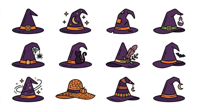Colorful Witch Hat Collection Halloween Illustration.