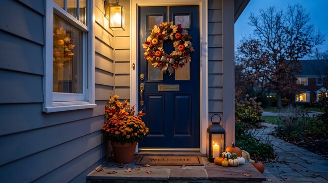 Front porch decorated for autumn with blue door, pumpkins and lantern at dusk
