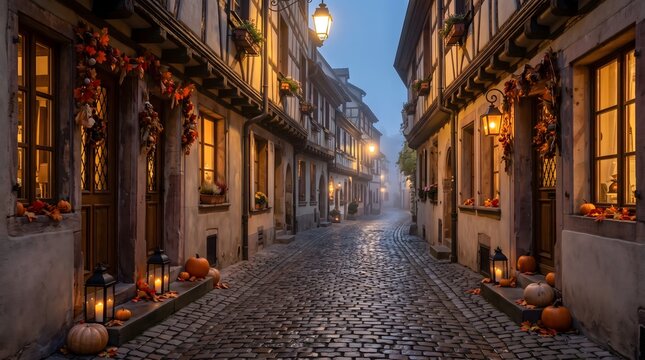 Cobblestone alley decorated with pumpkins and lanterns at twilight in autumn