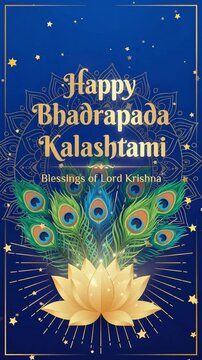 Bhadrapada Kalashtami Greeting with Golden Lotus and Peacock Feathers