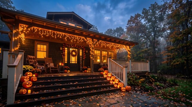 Halloween decorated porch with glowing jack o lanterns and lights at dusk