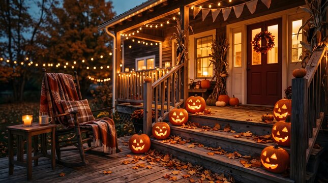 Lit jack-o-lanterns decorating a wooden front porch with fall decor at twilight
