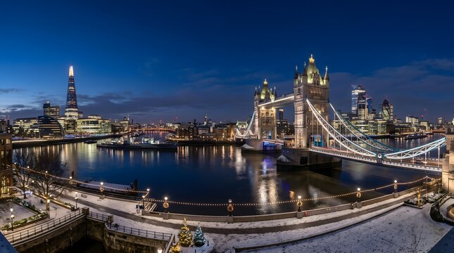 Tower Bridge and London skyline over River Thames in winter at blue hour
