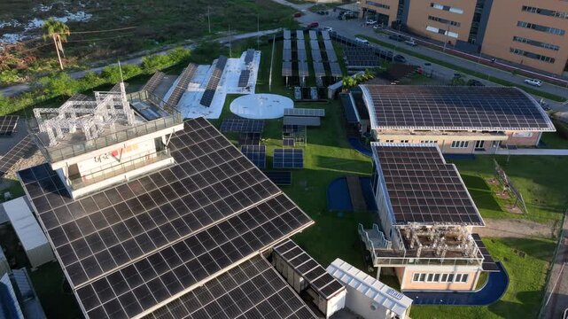Multiple Solar Panel Technologies at a Renewable Energy Research and Innovation Facility in Florian&oacute;polis, Brazil. Aerial View.