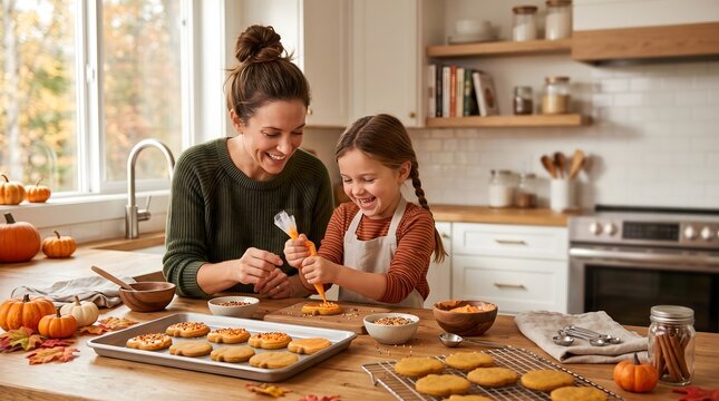 Mother and daughter decorating pumpkin cookies with frosting in autumn kitchen