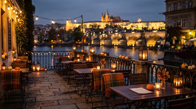 Prague restaurant terrace overlooking Charles Bridge and Prague Castle at dusk