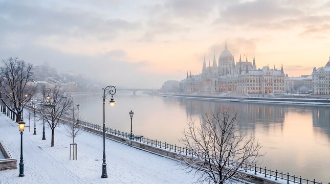Hungarian Parliament building in Budapest on a snowy winter morning at dawn