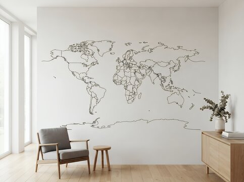 Modern minimalist interior with a world map mural on the wall and armchair.
