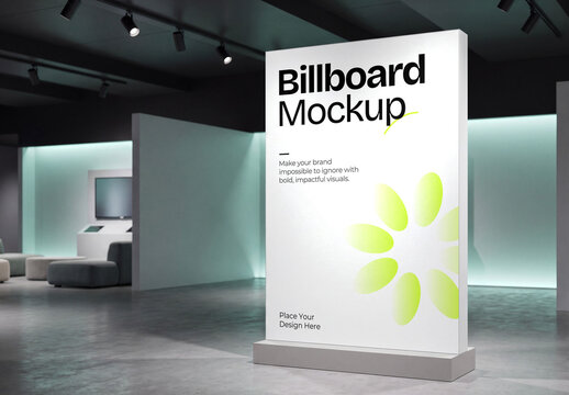 Indoor Standing Billboard Mockup in Modern Exhibition Hall