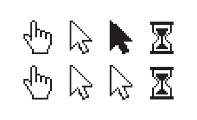 Pixelated hand and arrow mouse cursors with hourglass icon for computer interface and waiting states. © MDHABIBUR