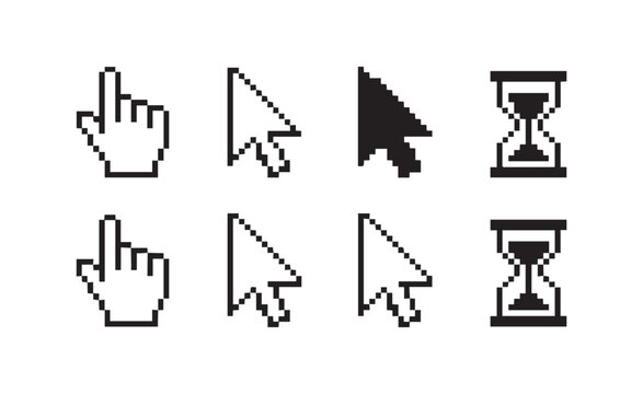 Pixelated hand and arrow mouse cursors with hourglass icon for computer interface and waiting states.