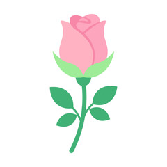 Obraz premium Cute pink rose flower icon with green leaves flat vector illustration for romantic design Vector