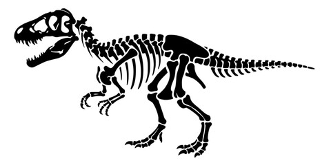 Black silhouette of Tyrannosaurus rex skeleton with skull, ribs, spine, and tail, bold vector design symbolizing paleontology, evolution, and prehistoric life. © Suriya