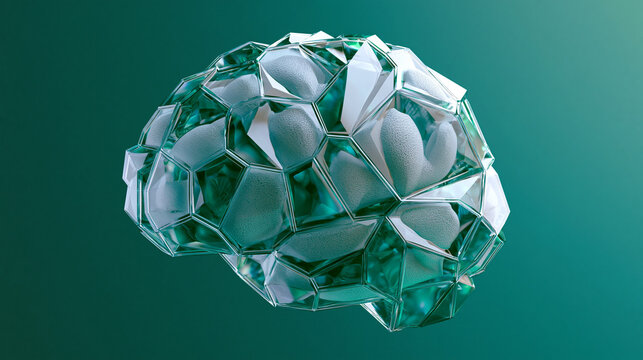 Translucent emerald crystal brain cortex, neuroscience, cognitive computing, brain mapping, artificial intelligence, neural architecture, medical technology, mental health research