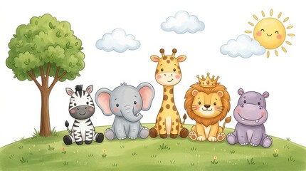 Fototapeta premium Cute Safari Animals Illustration with Lion, Elephant, Giraffe, Zebra and Hippo in a Sunny Landscape for Nursery Decor