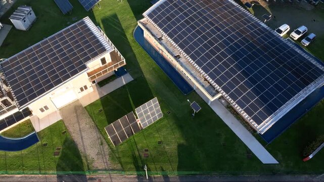 Solar Energy Research Facility with Rooftop and Ground-Mounted Photovoltaic Panels in Florian&oacute;polis, Brazil. Aerial View.