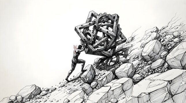 Conceptual illustration of a man pushing an impossible geometric gear shape uphill symbolizing persistence and challenge struggle and hard work