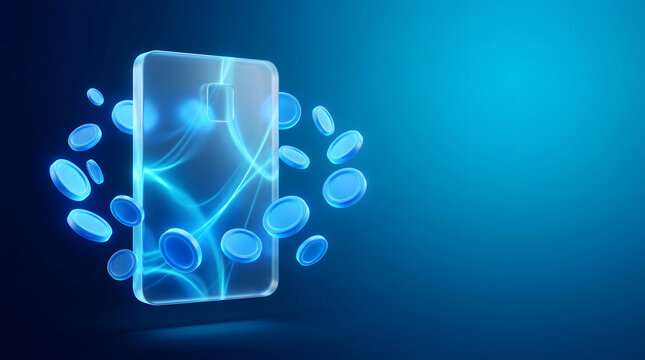 Digital payment card hologram with floating coins representing online transactions, fintech solutions, and cashless payment systems