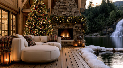 Obraz premium Luxurious Christmas forest cabin with cozy fireplace, decorated tree, wooden deck, and lake view, warm festive atmosphere