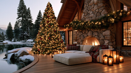 Obraz premium Luxurious Christmas forest cabin with glowing tree, cozy fireplace, wooden deck, snowy landscape, festive lanterns, and serene winter atmosphere