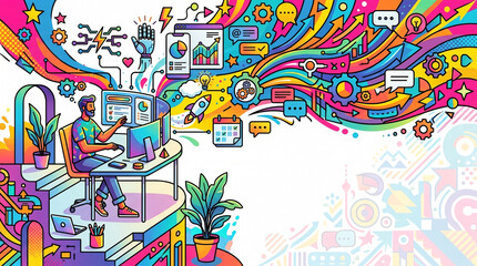 Obraz premium Creative Digital Workflow Automation with Professional Designer at Computer, Colorful Business Innovation Process, Productivity Management and Marketing Strategy with Copy Space