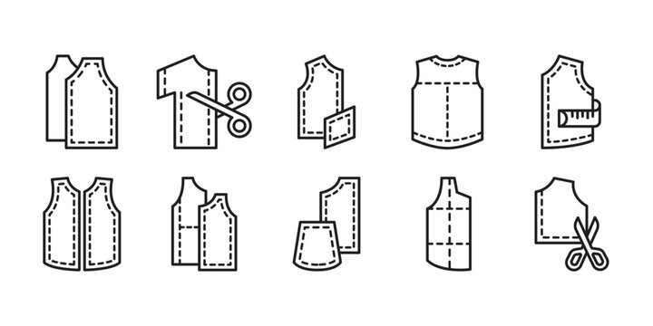 Sewing Pattern and Tailoring Tools Outline Icon Set.
