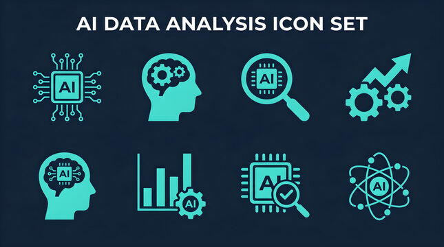 A collection of teal AI data analysis icons on a dark background, illustrating concepts like AI processing, machine learning, data interpretation, and technological advancement.