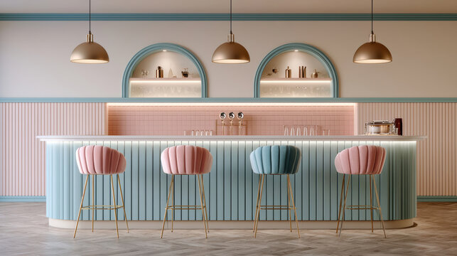 Pastel cafe bar area with pink and blue chairs, gold accents, pendant lights, and soft ambient lighting, creating cozy inviting atmosphere