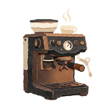 Espresso Machine Ripped Paper Craft Illustration Transparent Image. Torn Paper Collage Coffee Concept Design