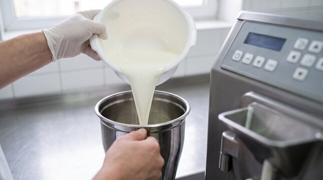 Chef pouring liquid milk base mixture into professional ice cream maker machine