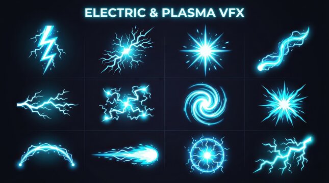 Blue Electric and Plasma VFX Energy Elements Set for Game Design and Motion Graphics, Lightning Bolts and Spark Effects