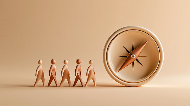 Stylized figures walking toward a large compass, symbolizing guidance, direction, and leadership on a beige background.