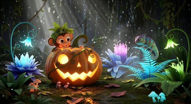 A cute little monkey peeking out of a glowing jack o lantern in a magical enchanted forest at night