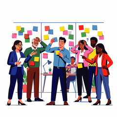 Obraz premium Collaborative Team Brainstorming Session with Colorful Sticky Notes on Wall, Concept for Creative Workshops and Business Innovation Strategies