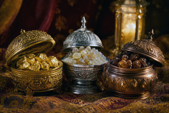 Ornate containers representing gold, frankincense and myrrh rest on a richly textured surface under warm light. The Three Wise Men and sacred Christmas symbolism