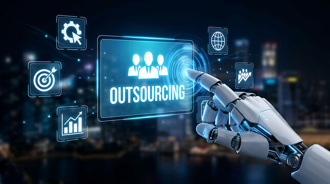 Robot hand pressing outsourcing concept button on digital futuristic interface