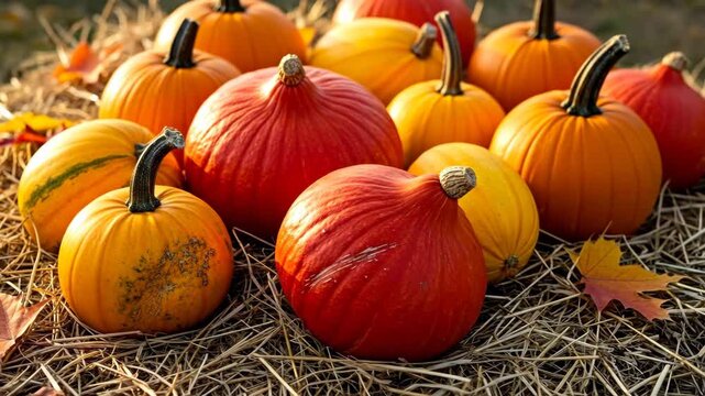 Vibrant autumn harvest display of colorful pumpkins and gourds on straw with fallen leaves.