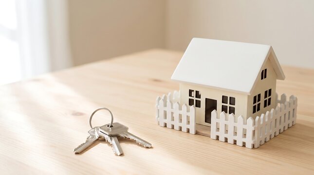 Miniature house model with silver keys resting on light wooden table surface illustrating home buying process and real estate concept for individuals seeking new property acquisition