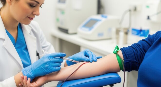 Medical professional performs blood draw from patient's arm in a clinical laboratory setting with specialized equipment