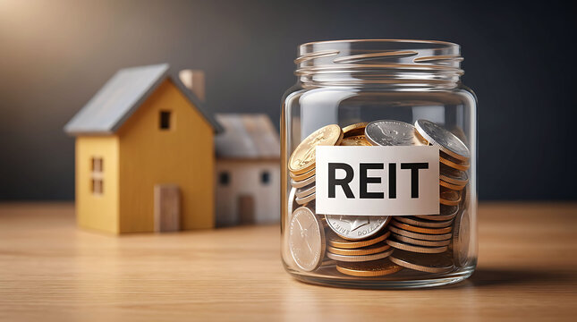 Real estate investment trust concept with money jar and miniature houses