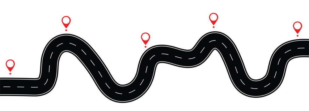 Business roadmap timeline infographic. Winding road with multiple red location pins marking the path towards a red destination pin, illustrating journey and progress. vector