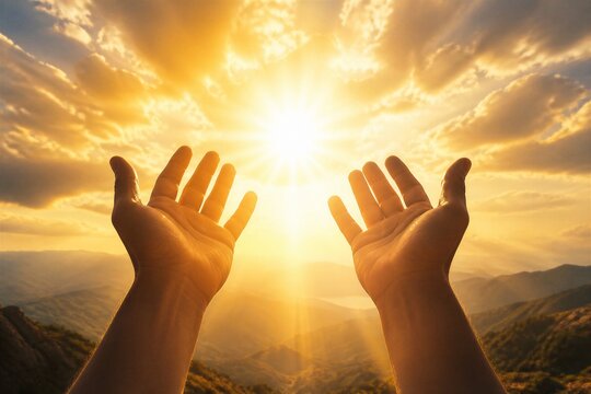 Sunlight floods open hands raised toward golden sky. Mountains stretch beneath warm, radiant rays. Person seeks peace, connection, or divine light. Ideal for spiritual, motivational