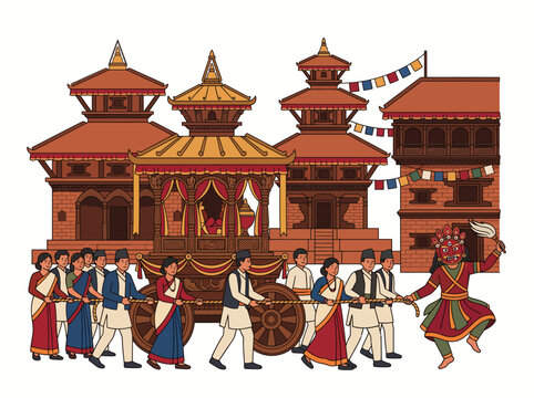Traditional procession carries ornate palanquin through historic Nepali architecture in a vibrant cultural celebration.