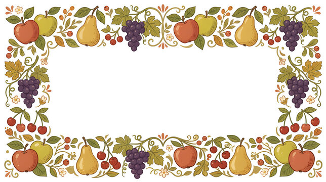 Vintage fruit border with apples, pears, grapes and cherries, retro-inspired graphic vector style, warm muted palette, white background, no text
