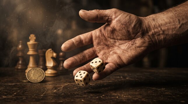 A Calculated Risk: A hand rolls dice amidst a backdrop of chess pieces and a coin, symbolizing chance, strategy, and the unpredictable nature of decision-making.