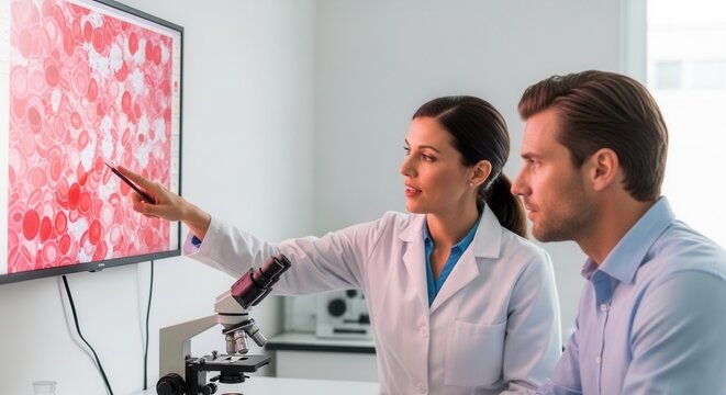 Medical Professionals Analyzing Blood Cell Microscopic Image on Digital Display in Laboratory
