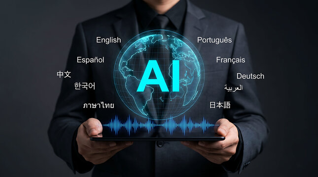 Businessman holding futuristic tablet with AI globe and language translation