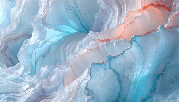 Luxurious crystal marble texture with icy blue and peach veins. Mineral geology and organic elegance. Polished quartz stone layers shimmering with fine mineral cracks