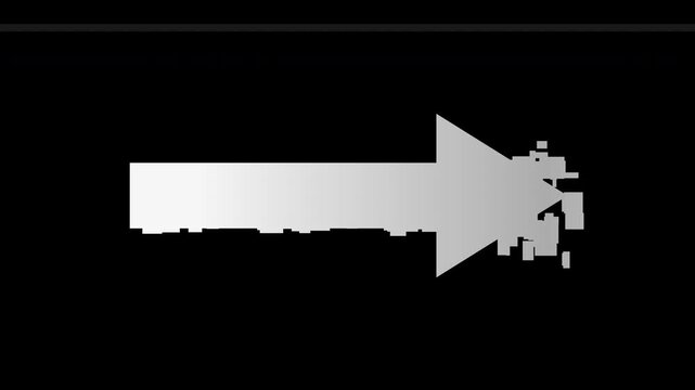 Black arrow forming from scattered pixels on a clean white background, concept for direction, navigation and digital motion