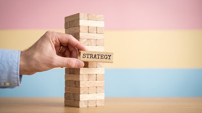 The Jenga Tower of Strategy: A hand carefully places a Strategy block onto a precarious Jenga tower, symbolizing the delicate balance and thoughtful planning required in business.